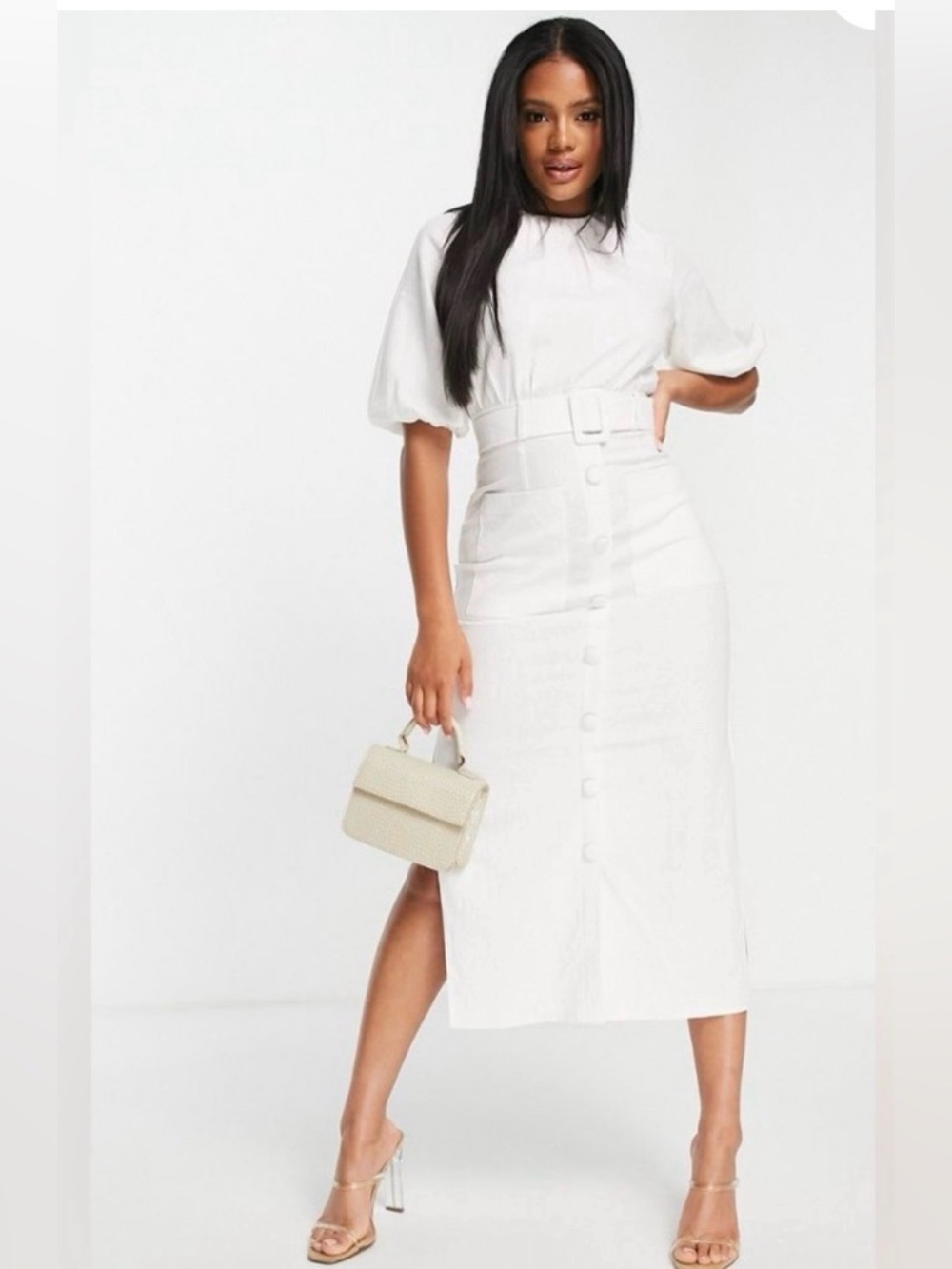 ASOS White Linen blend belted 3/4 sleeve dress Size 14 Occasion Spring Summer